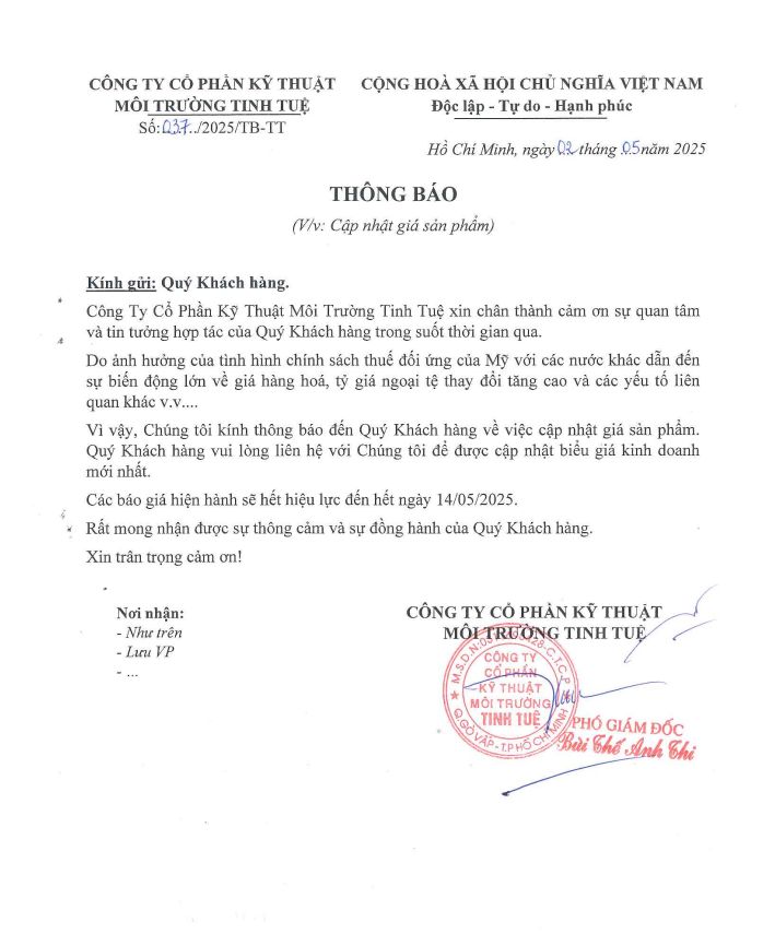 Thông báo cập nhật giá sản phẩm kể từ ngày 15/05/2025